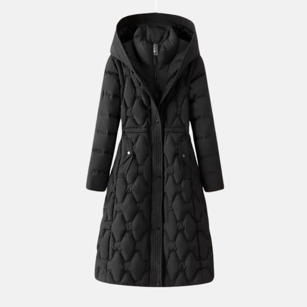 Women’s Long Quilted Jacket – Fitted Waist – Padded Insulation – Hooded – Snap Closure