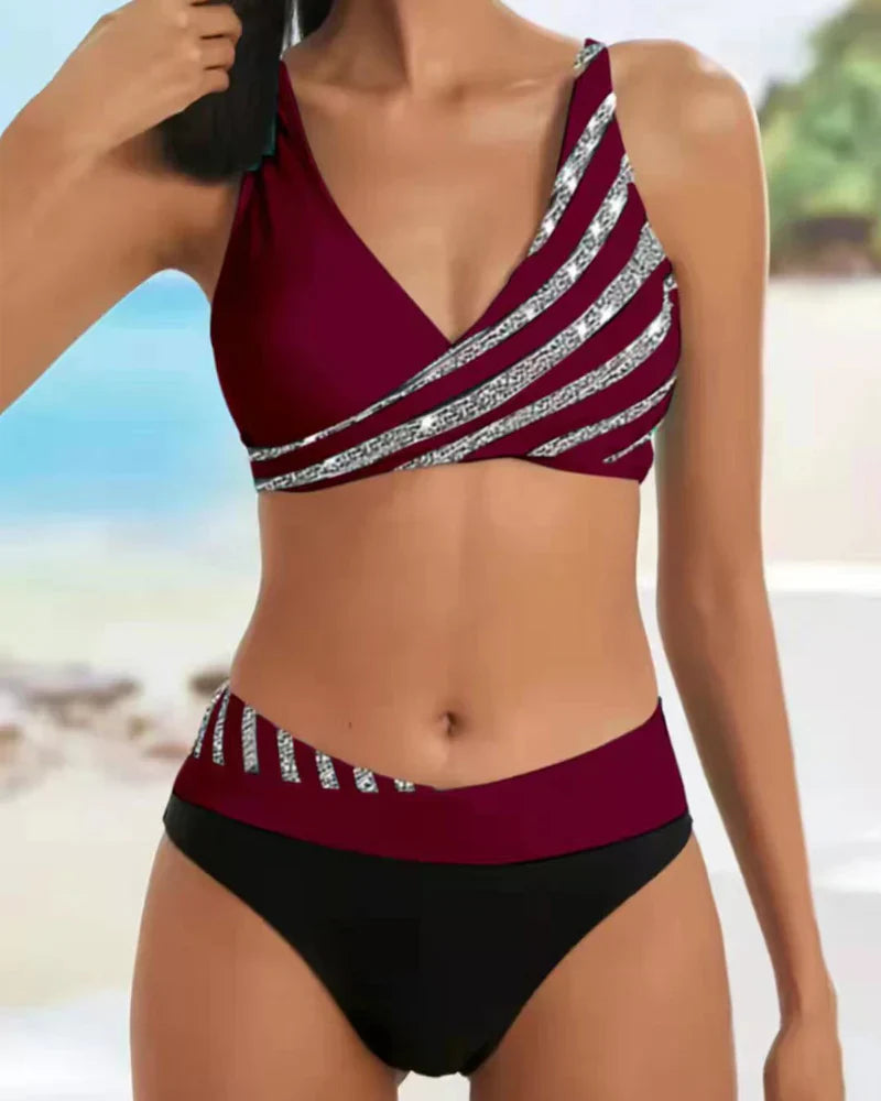 Women’s Bikini Set – High Waist – Wrap Top – Breathable Stretch – Striped Design