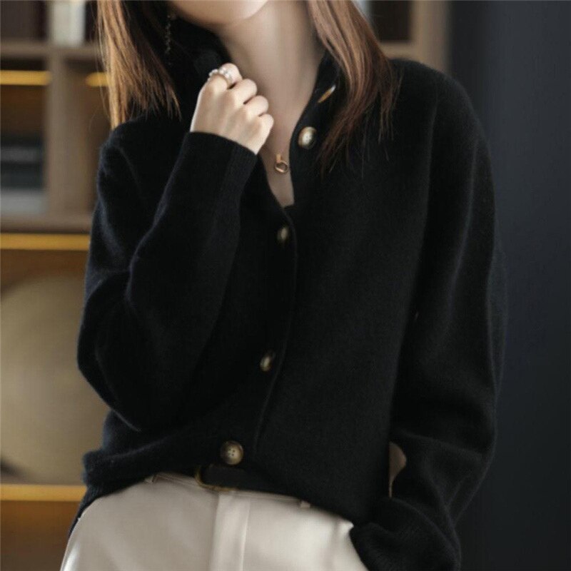 Women’s Cardigan – Wool Blend – Relaxed Fit – Button-Up – Ribbed Hem & Cuffs