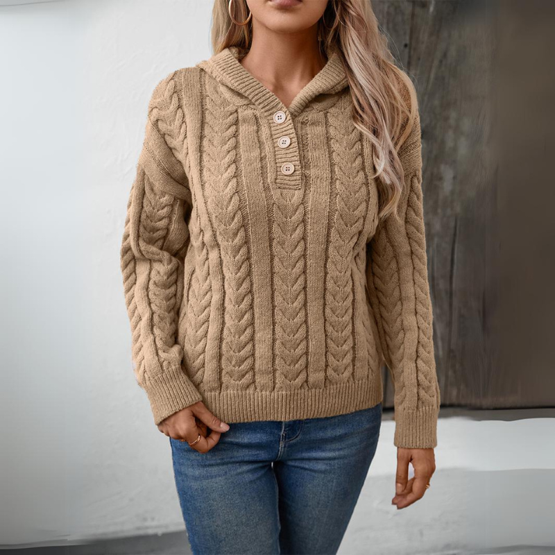 Women's retro buttoned cable knit hoodie sweater