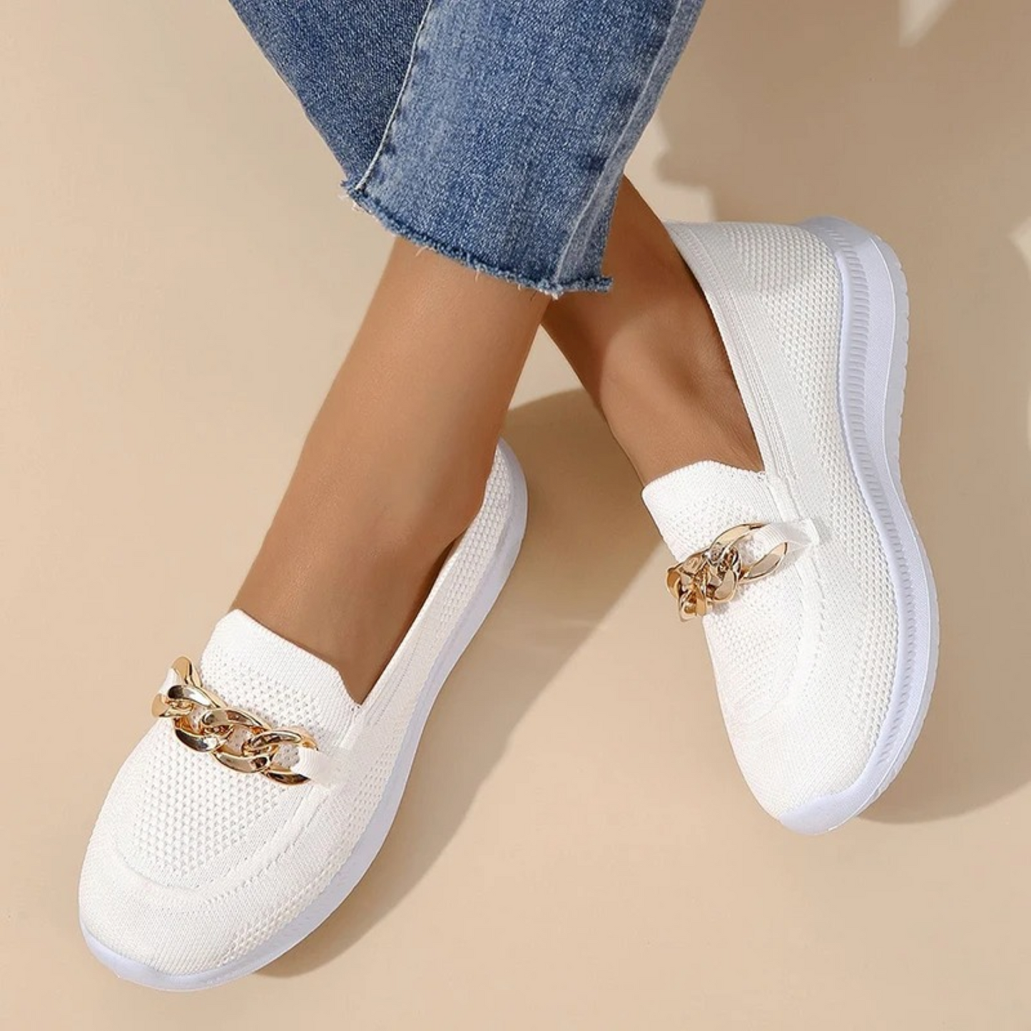 Women's Slip-On Shoes - Breathable Mesh - Flat Sole - Stylish Metal Chain Detail