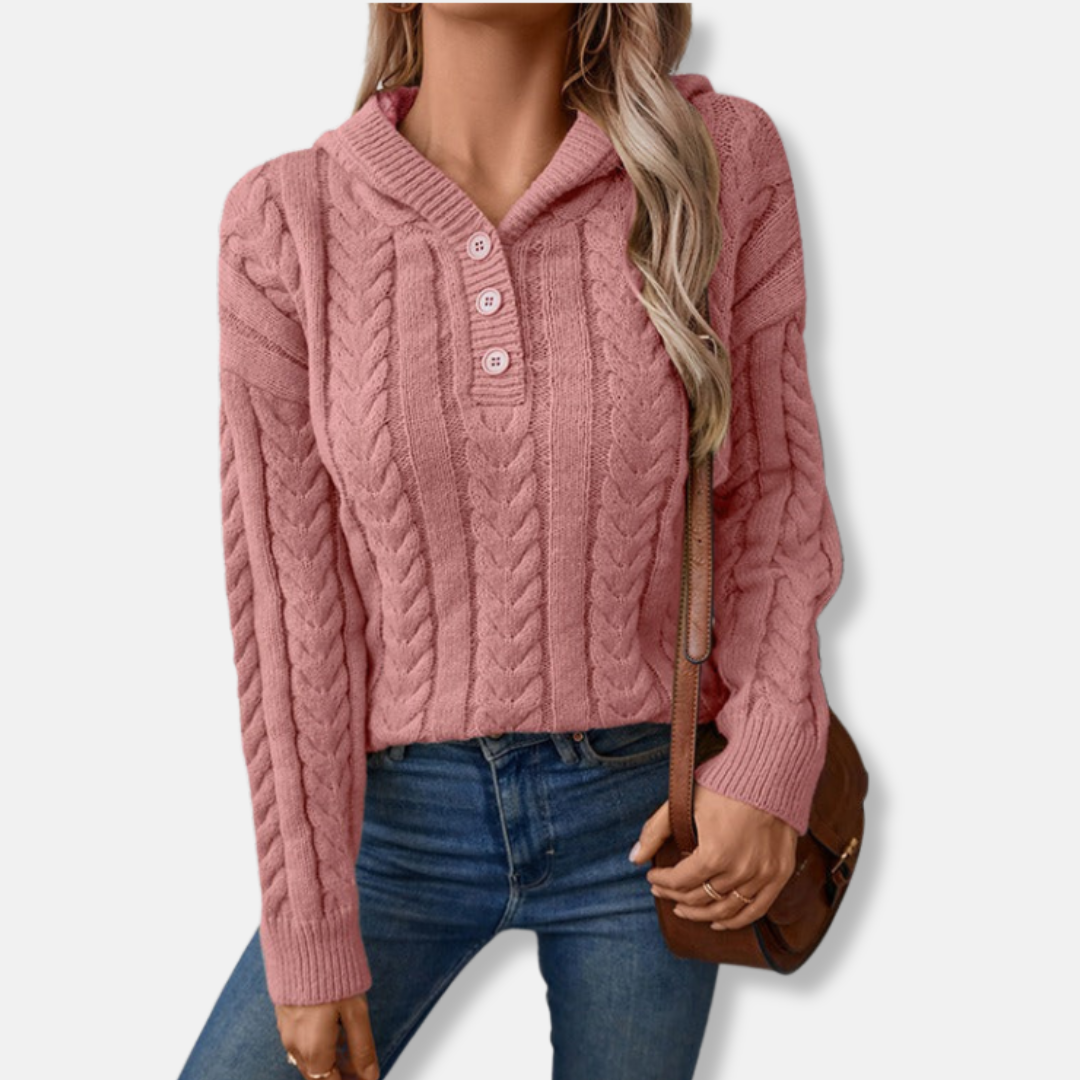 Isla Relaxed Fit Hooded Sweater | Cable Knit Button Placket Sweater