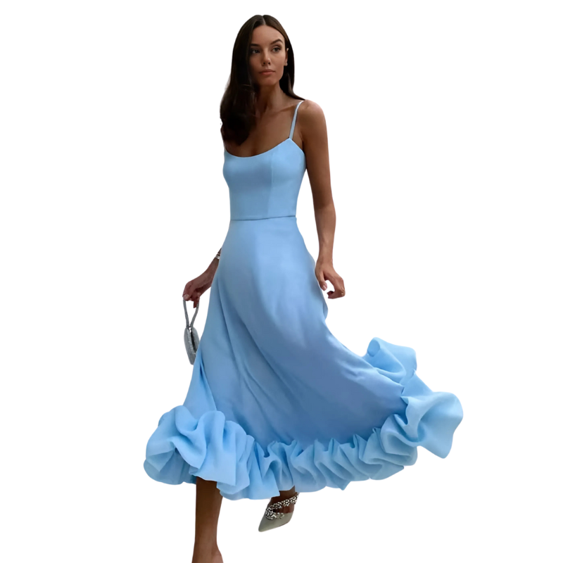 Women's Midi Dress - Square Neck - A-Line Silhouette - Ruffled Hem - Elegant Fit