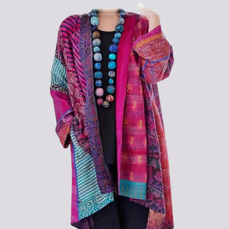Women’s Boho Patchwork Kimono – Vibrant Vintage-Inspired Long Cardigan