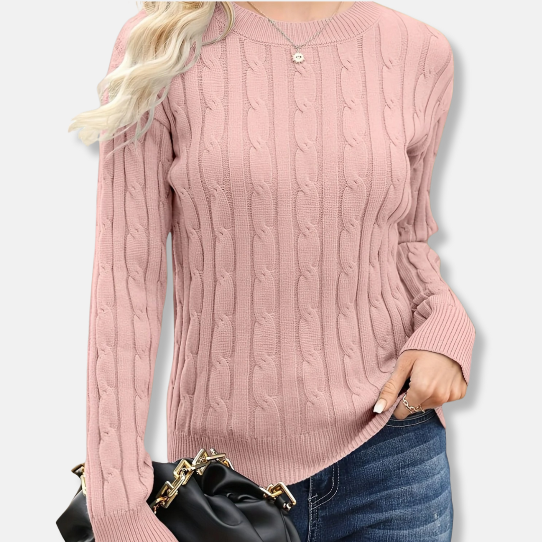 Women’s Sweater - Knit Fabric - Cable Knit Texture - Crew Neck - Ribbed Cuffs