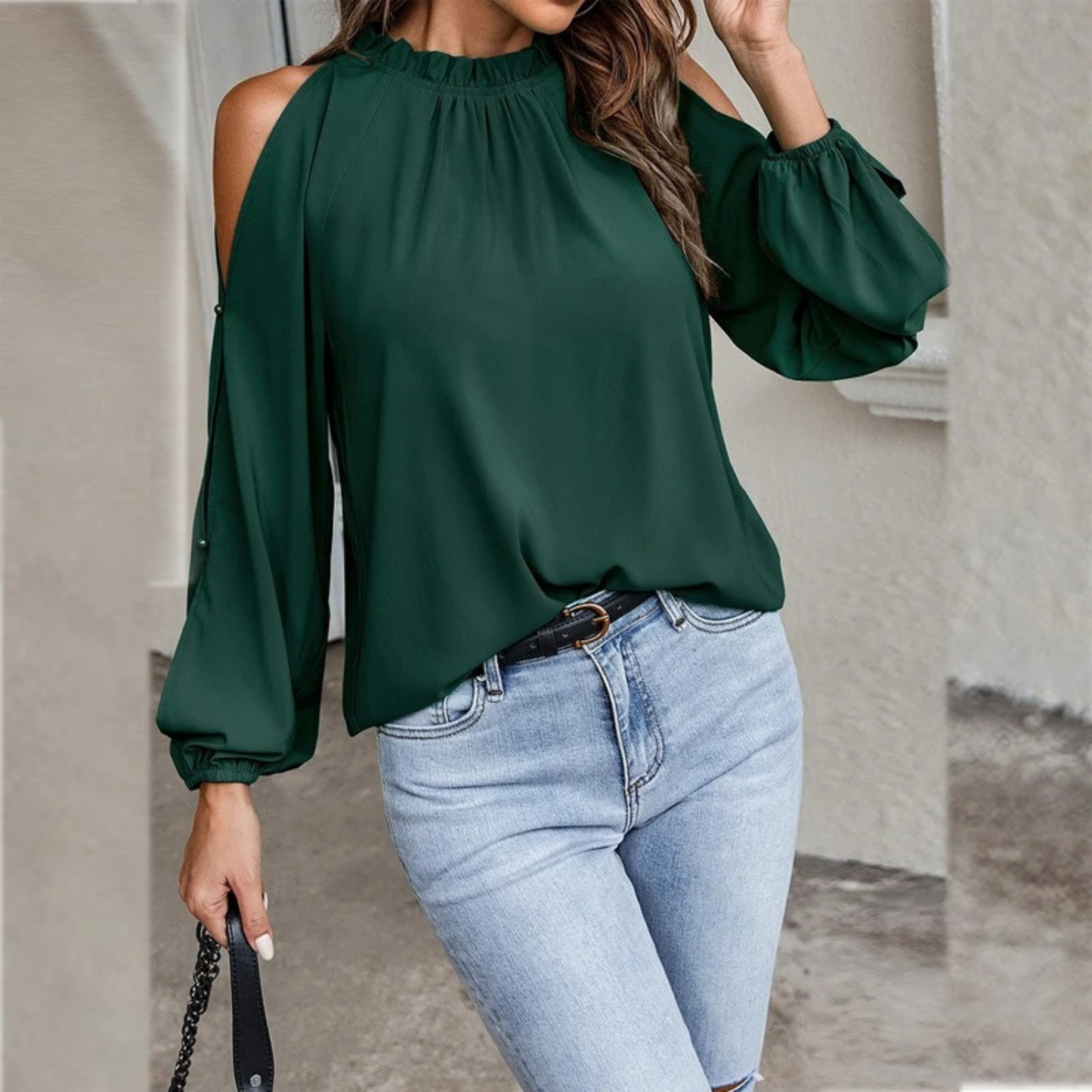 Women's Blouse - Cold Shoulder - Long Sleeve - High Neck - Relaxed Fit