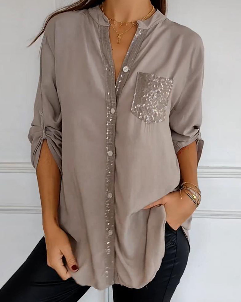 Women’s Blouse – Relaxed Fit – Sequin Placket and Pocket – Band Collar – Breathable Blend