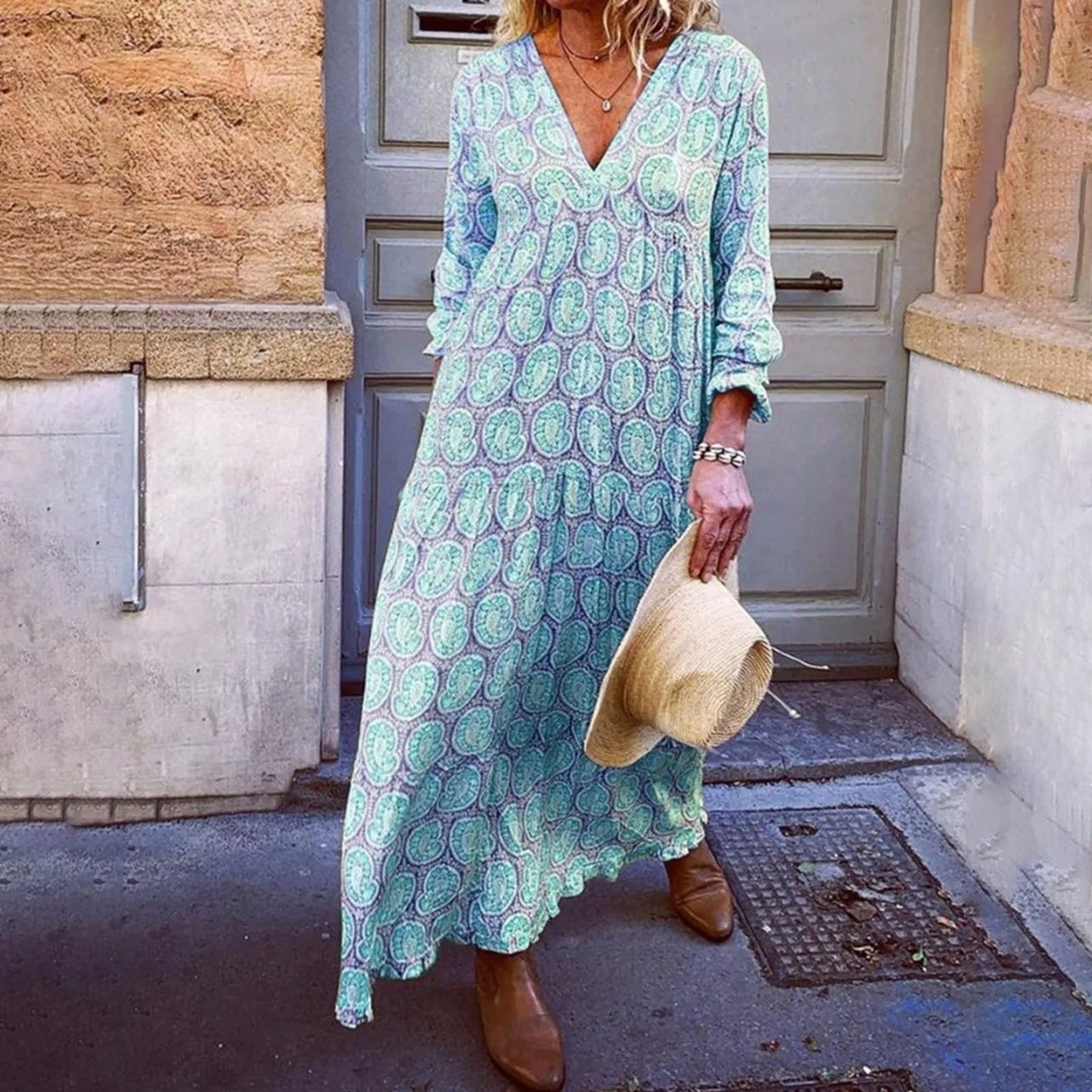 Women’s Maxi Dress – Relaxed Fit – V-Neck – Long Sleeve – Geometric Print – Breathable Blend