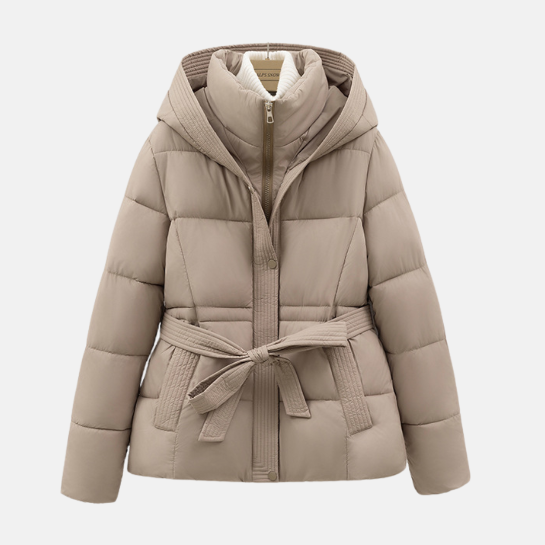 Women’s Padded Coat – Quilted Slim Fit – Hooded with Tie Waist and Pockets