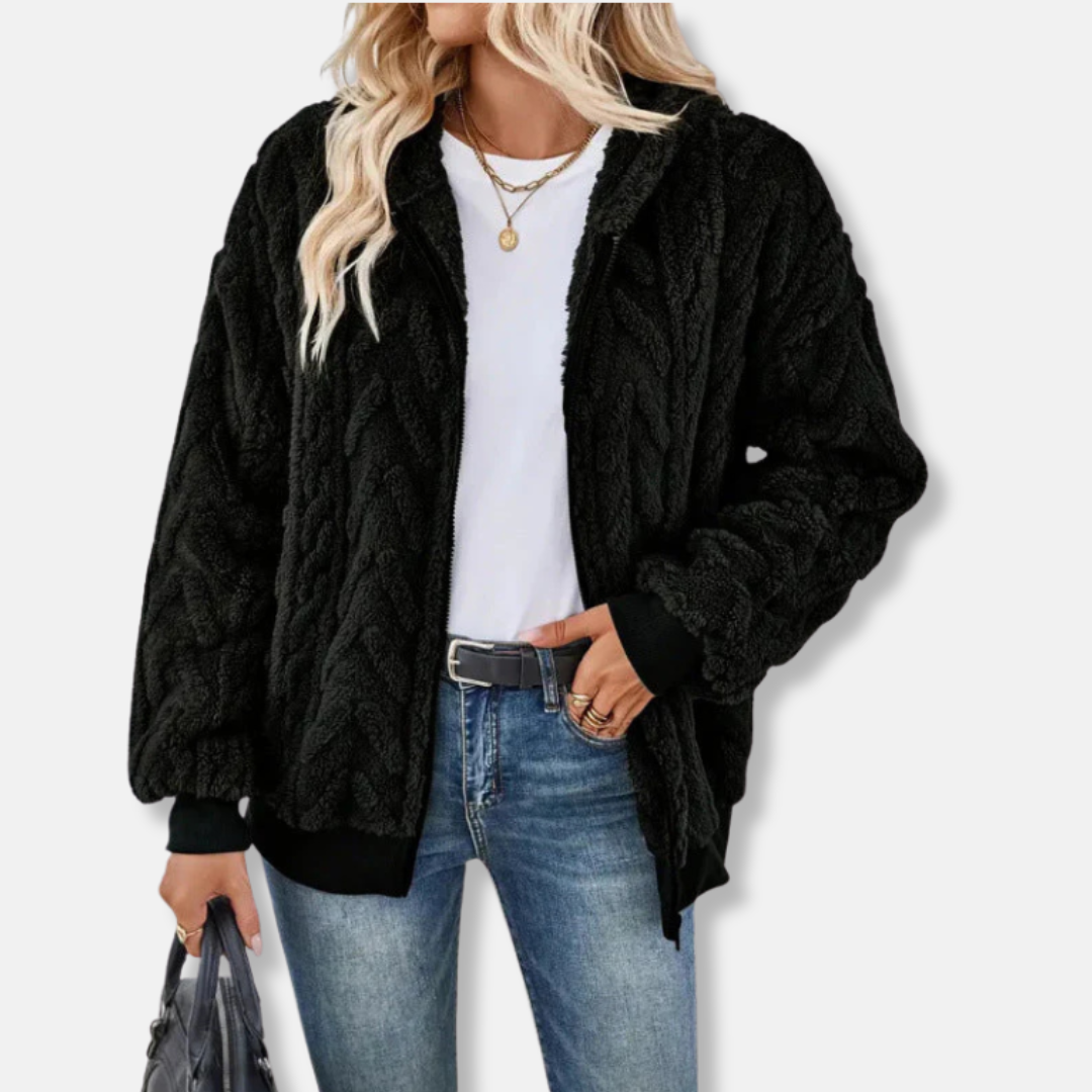 Women’s Hooded Jacket - Plush Knit - Oversized Fit - Hip Length - Ribbed Cuffs and Hem