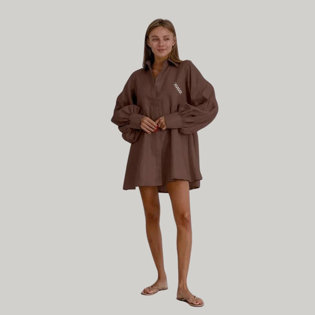 Women's Shirt Dress - Oversized Fit - Long Lantern Sleeves - Lightweight Cotton Blend