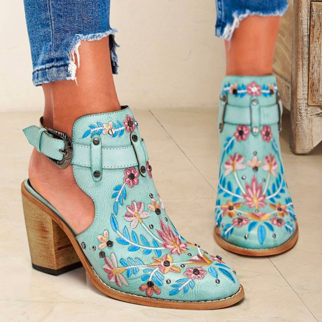 Women's Ankle Boots - Western Style - Embroidered Floral - Stacked Heel - Buckle Strap