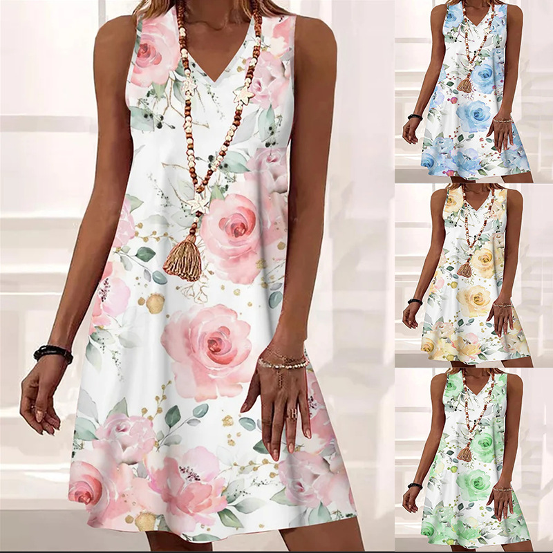 Women's Sleeveless Dress - V-Neck A-Line - Lightweight Floral Casual Wear