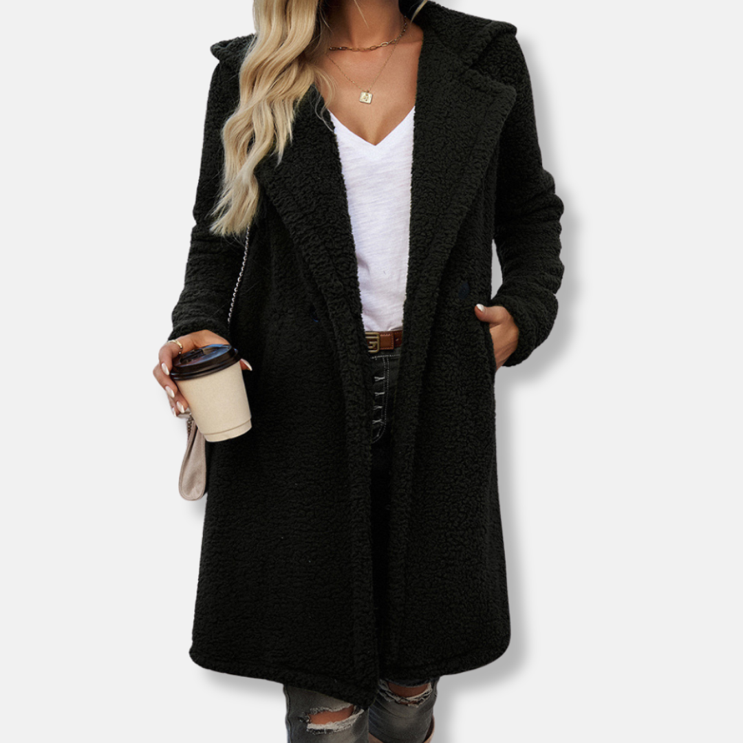 Women’s Knitted Coat – Loose Fit – Hooded – Textured Knit – Mid-Length Layering Piece