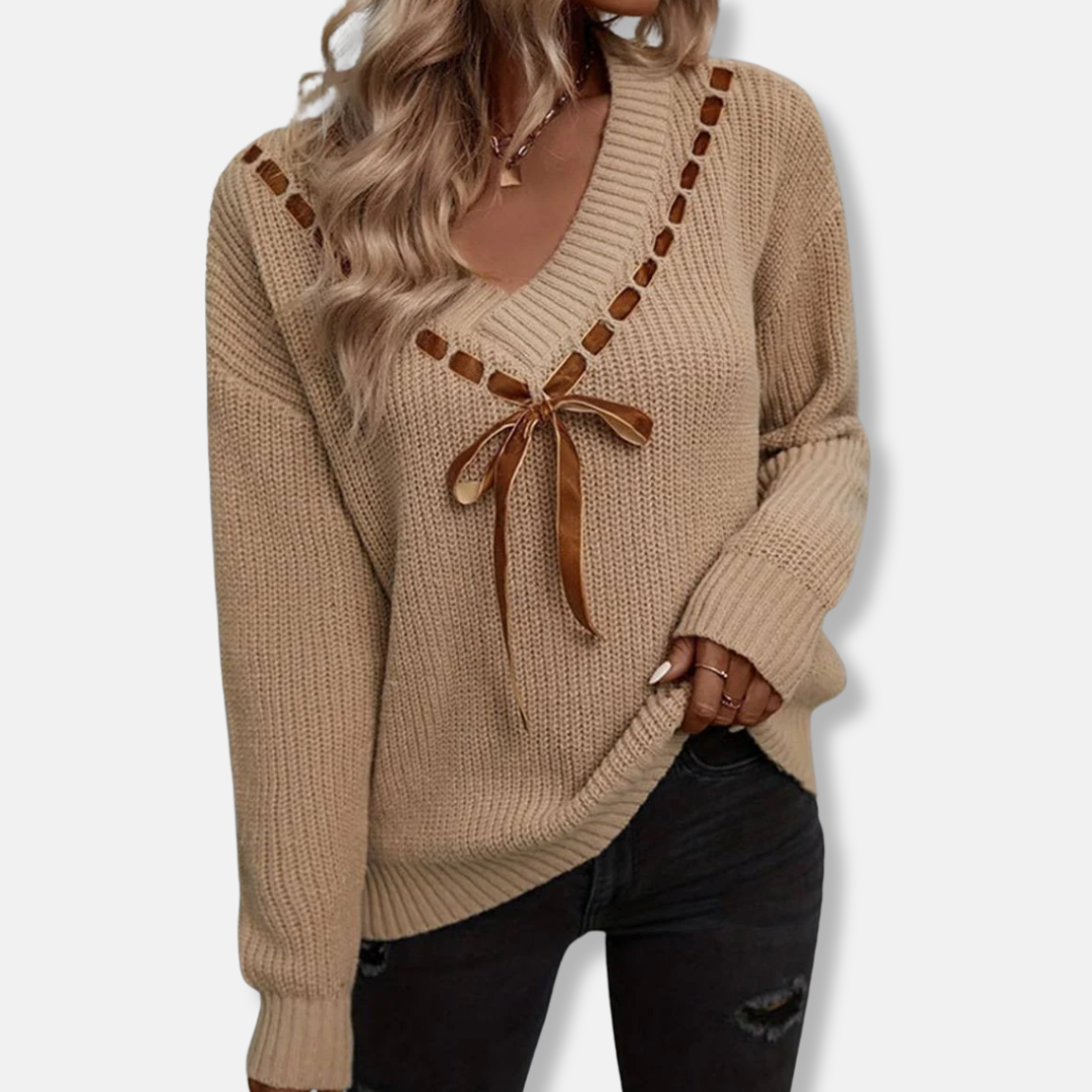 Women’s Sweater - Medium-Gauge Knit - V-Neck - Long Sleeves - Ribbon Tie
