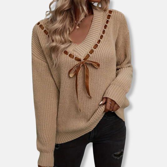 Medium-Gauge Knit V-Neck Ribbon Tie Sweater