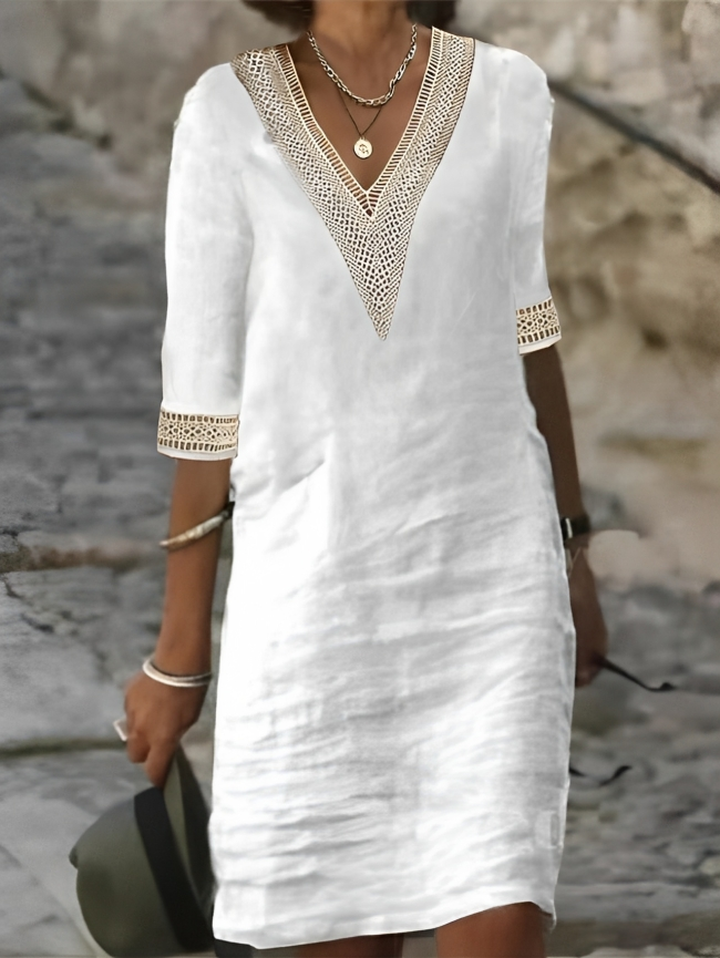 Linen Crochet Lace V-Neck Dress