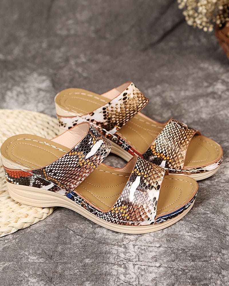 Women's Wedge Sandals - Animal Print Straps - Comfortable Platform Casual Wear