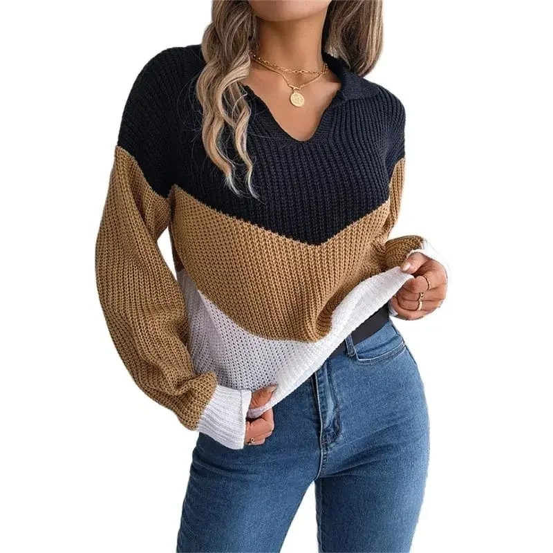 Contrast Color Knitted Lapel Pullover Sweater