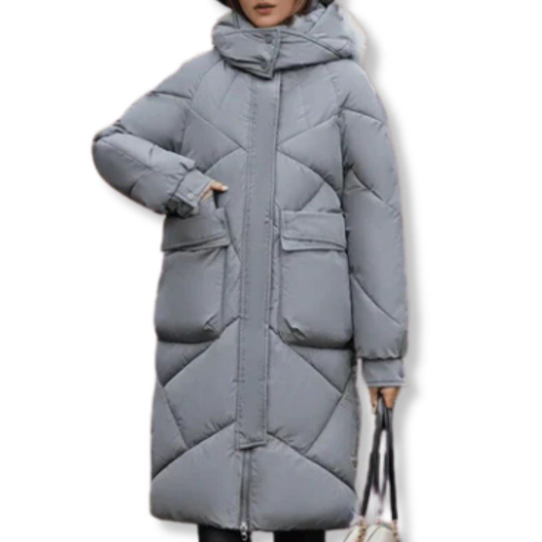 Isla Oversized Quilted Coat | Hooded High Collar Front Pockets Coat