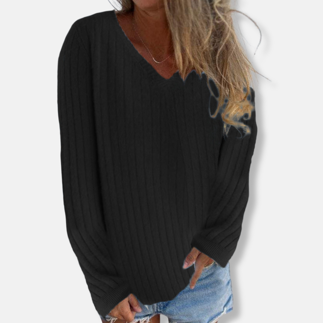 Isla Slim Fit Pullover Sweater | V-Neck Ribbed Long Sleeve Sweater