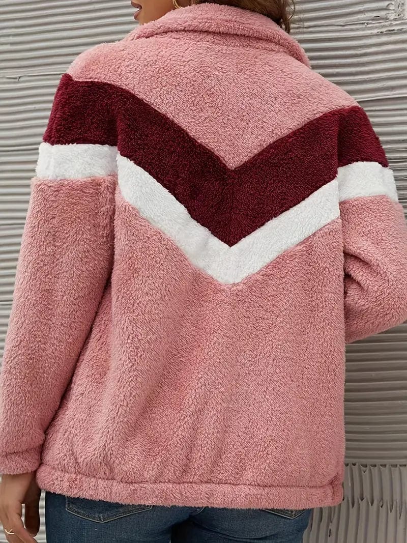 Women's contrast color plush zip-up jacket