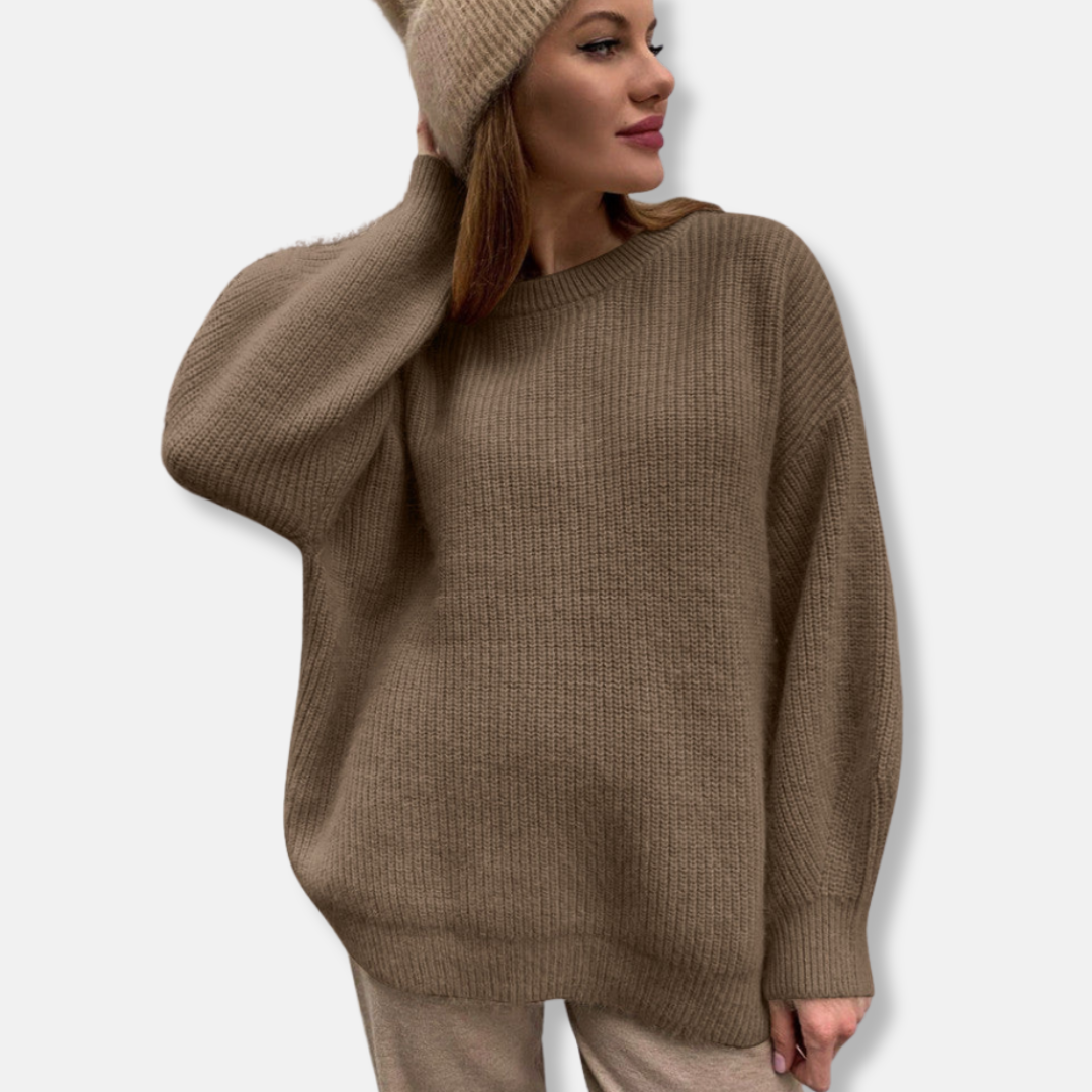 Women’s Oversized Sweater – Soft Knit – Ribbed Texture – Crew Neck – Long Sleeve