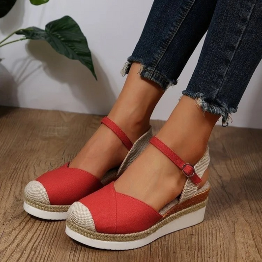 Canvas Ankle Strap Espadrille Wedge Sandals