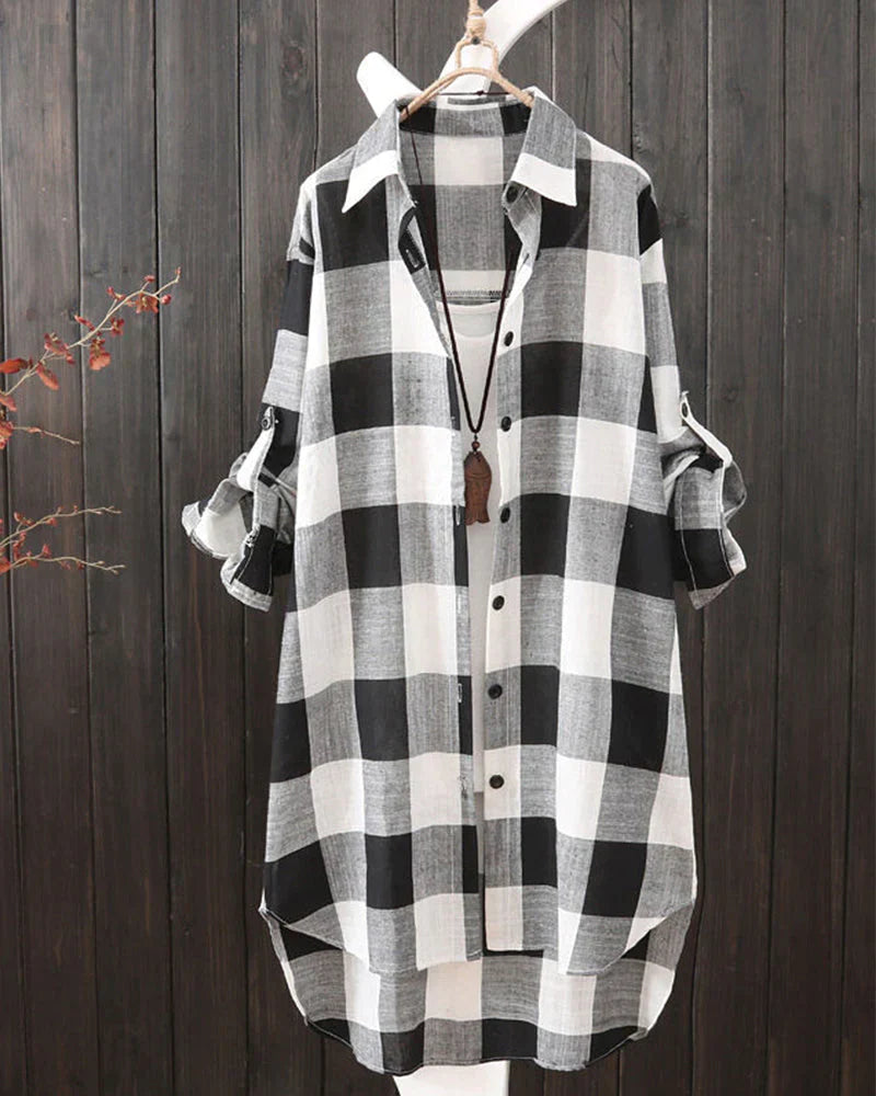Women's Plaid Tunic Shirt - Oversized Fit - Button-Up Long Sleeve Casual Wear
