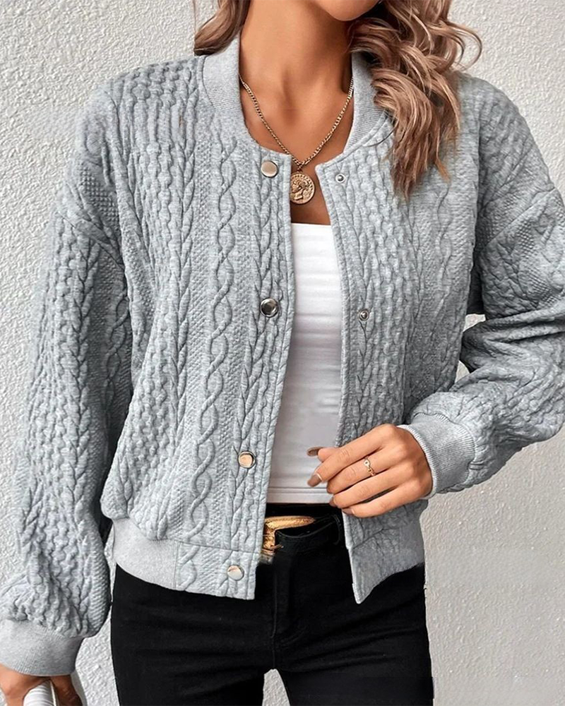 Women's Bomber Jacket - Cable Knit - Snap Button Front - Ribbed Collar & Cuffs
