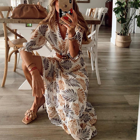 Women's Maxi Dress - Wrap V-Neck - Button-Down Front - Belted Waist - 3/4 Sleeve