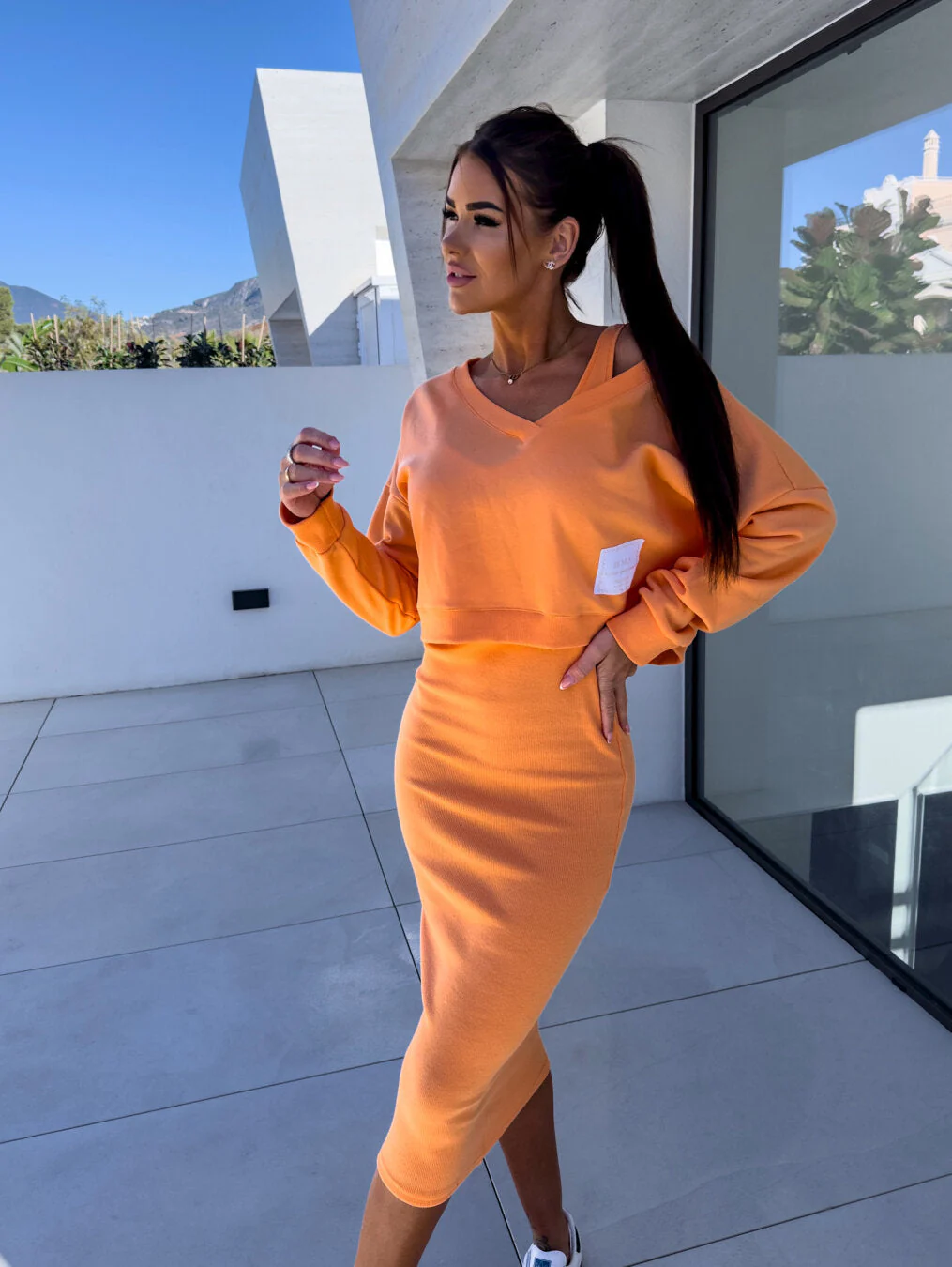 Women's Two-Piece Outfit - Cropped Off-Shoulder Sweatshirt & High-Waisted Pencil Skirt