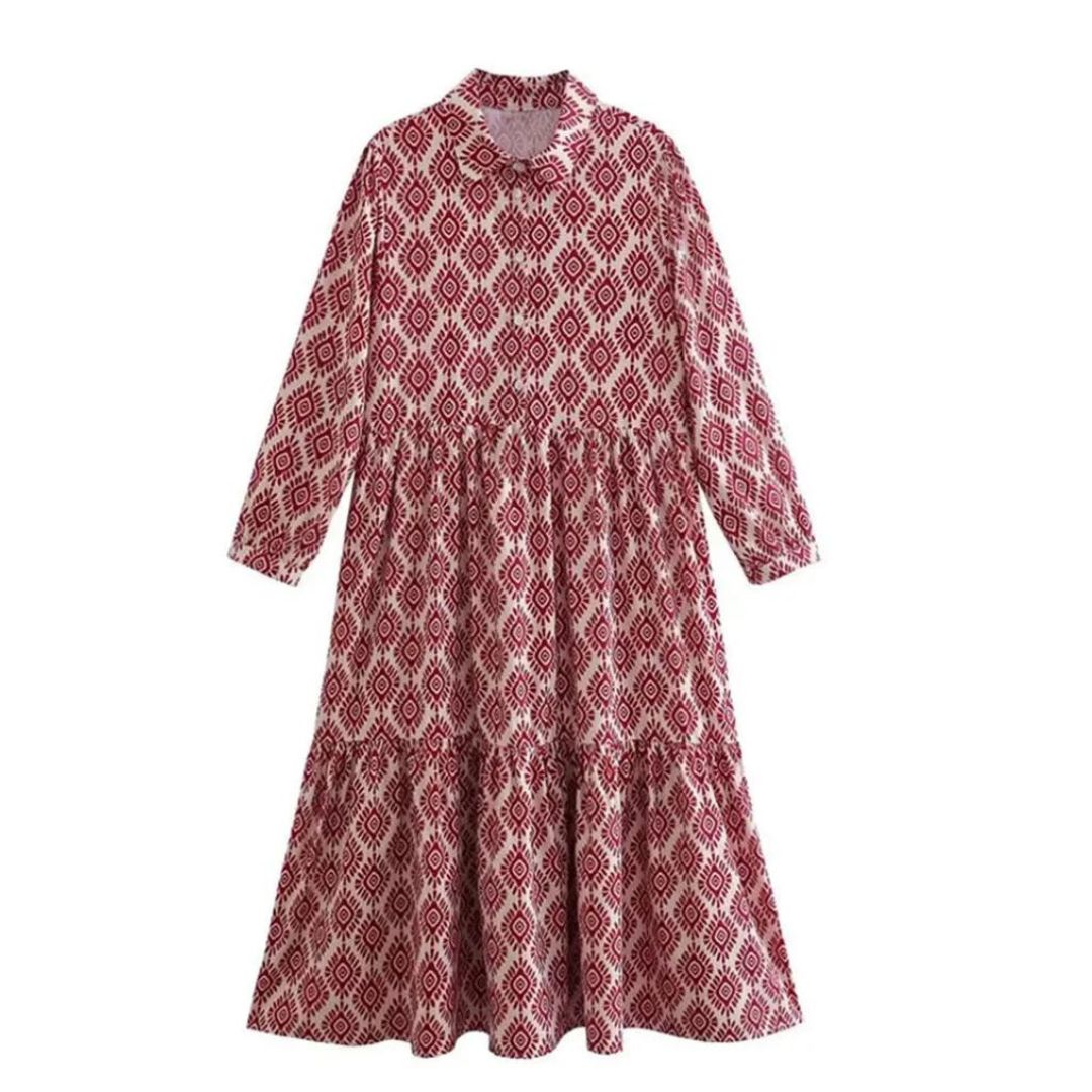 Women’s Long Sleeve Dress – Relaxed Fit – Tiered Silhouette – Geometric Print – Breathable Blend