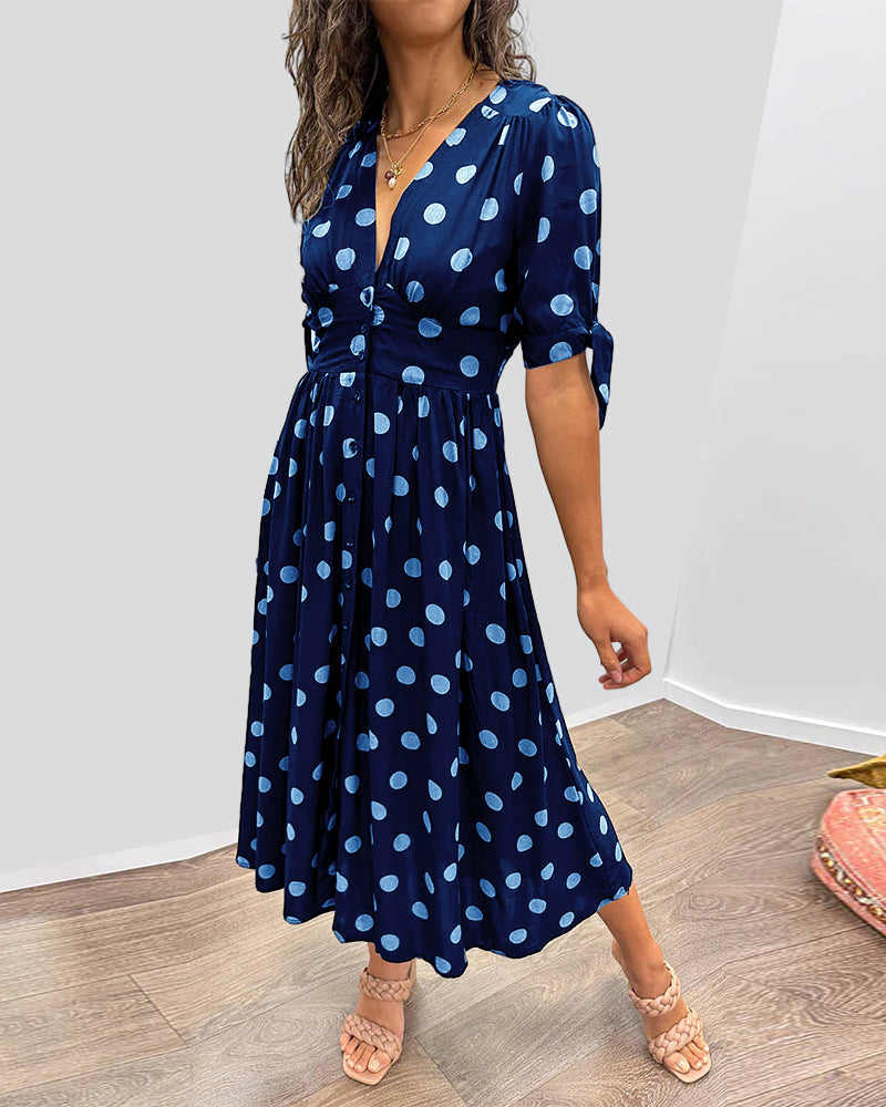 Women's Midi Dress - Fit and Flare - V-Neck - Short Sleeve with Tie Detail - Button Front