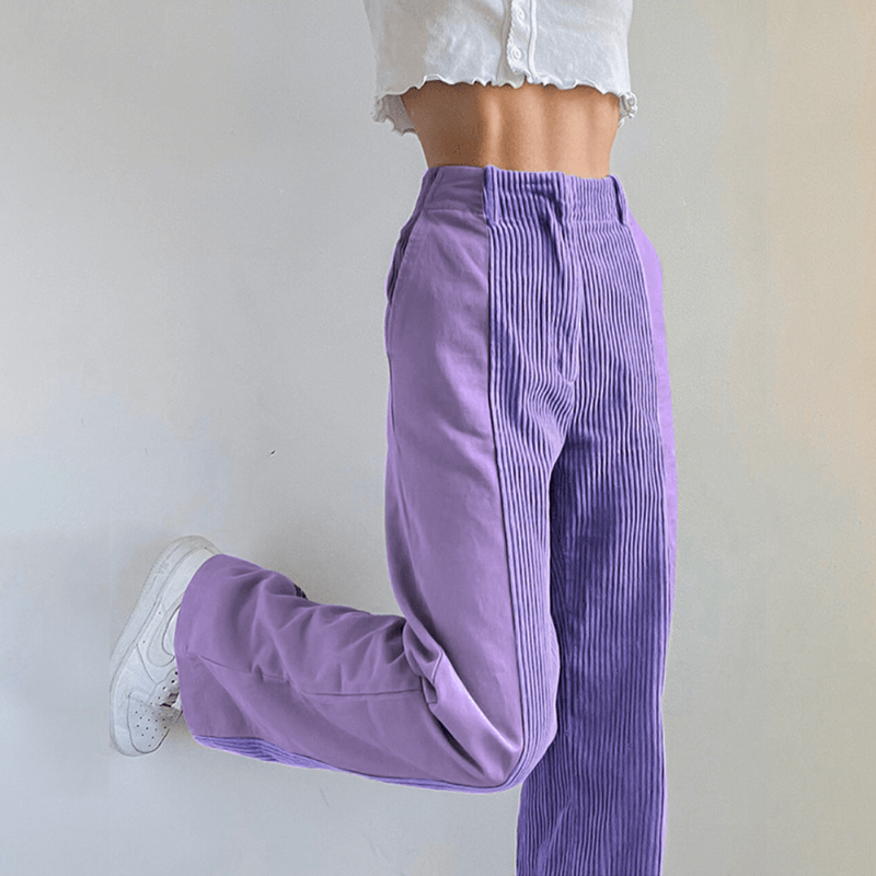 Women’s High-Waist Trousers – Relaxed Fit – Wide Leg – Ribbed and Smooth Panels