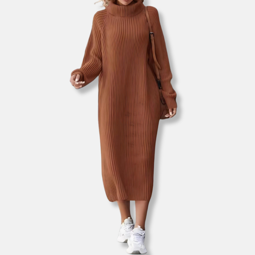 Women’s Dress - Knit - Turtleneck - Long Sleeve - Midi Length - Ribbed