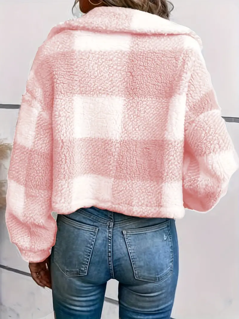 Women's warm checked jacket with wide collar