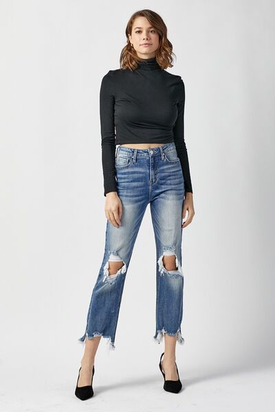 Women’s Straight Leg Jeans - High Waist - Cropped Length - Distressed Ripped Denim