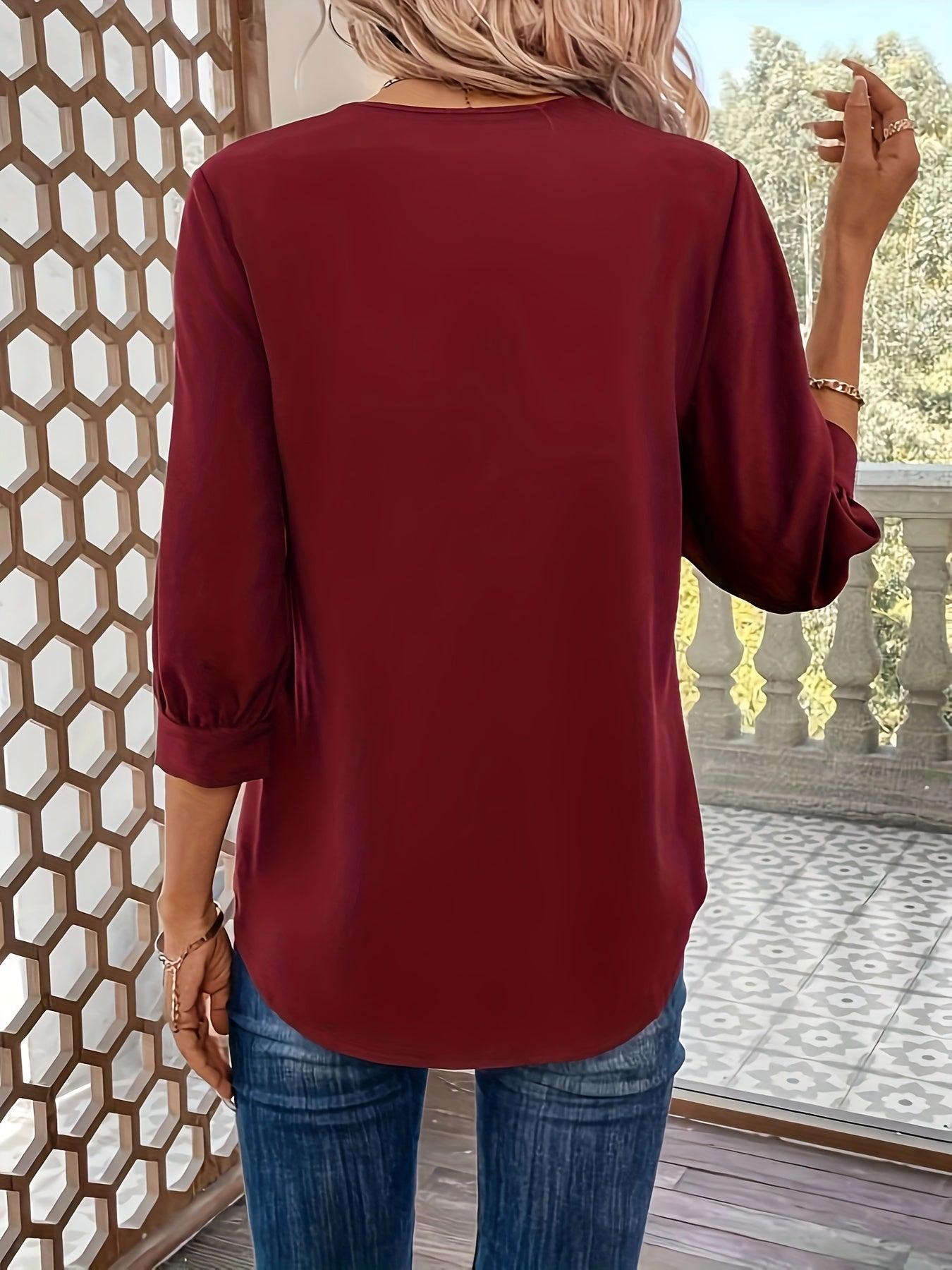 Women's V-Neck Blouse - Notched Lapel Collar - Three-Quarter Sleeves - Relaxed Fit