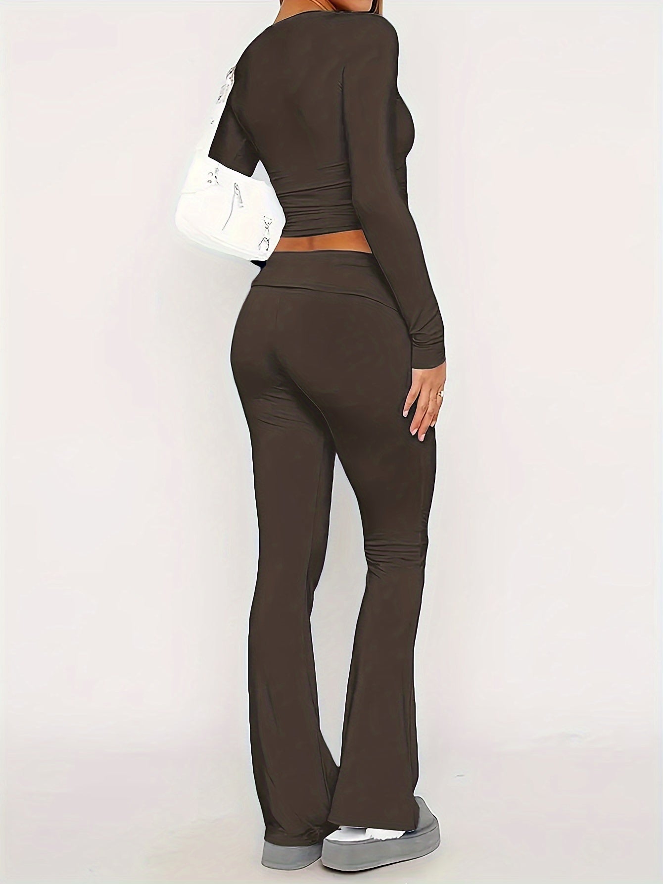 Women’s Two-Piece Set - Long-Sleeve Crew Neck Top & Flared Pants - Slim Fit Casual Wear