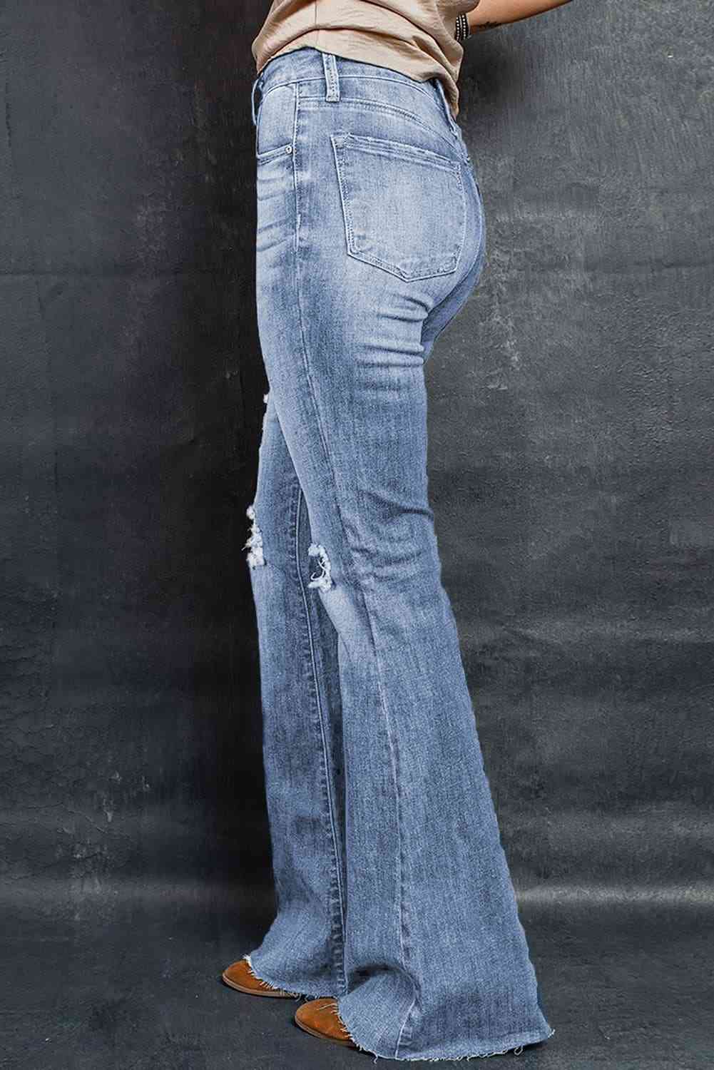 Distressed High-Waisted Flared Jeans