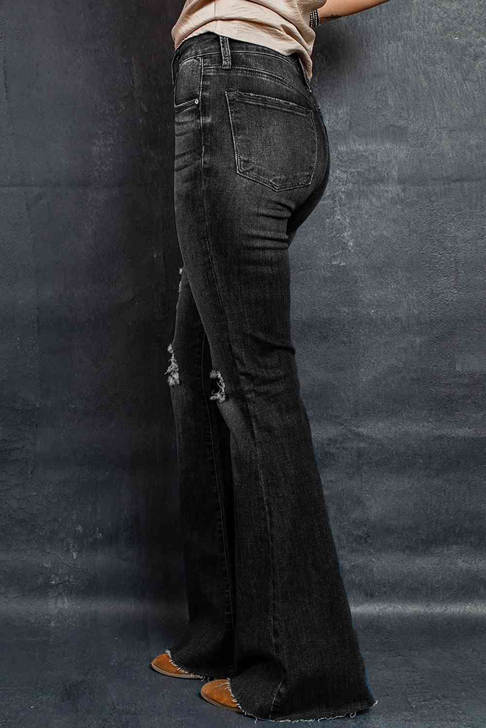 Distressed High-Waisted Flared Jeans