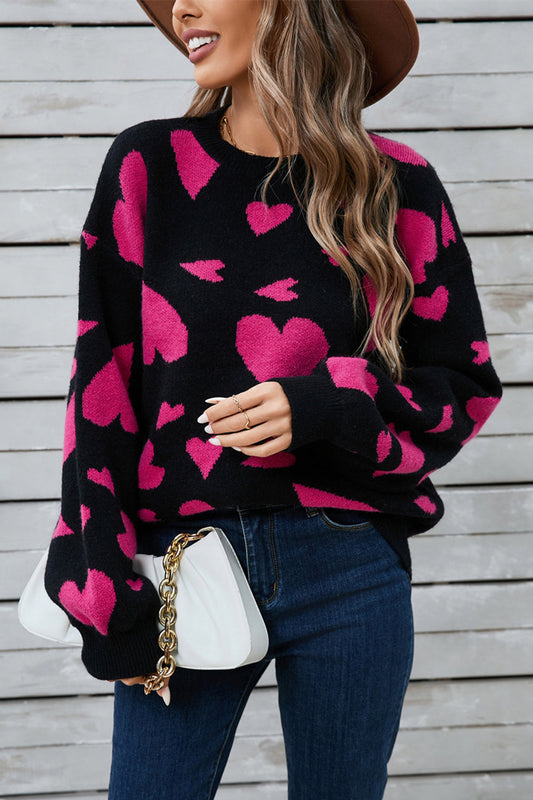 Heart Contrast Round Neck Sweater