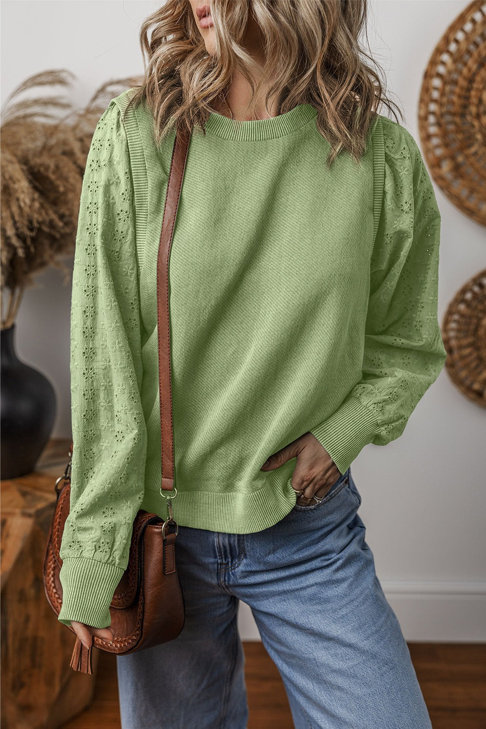 Lara - eyelet round neck long sleeve sweatshirt