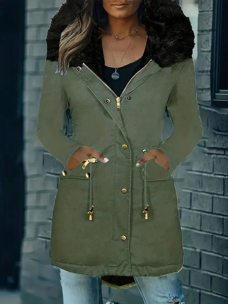 Women's winter hooded fur collar coat with front pockets