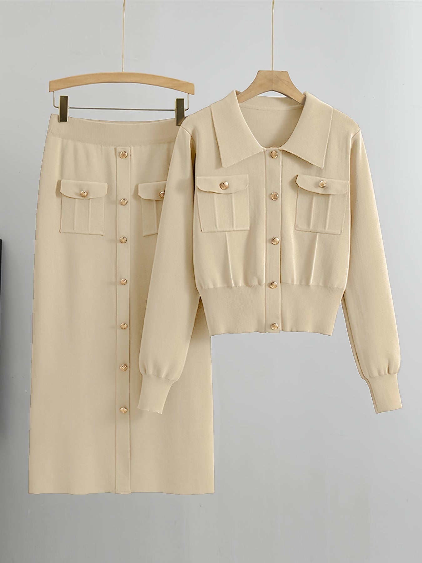 Two-piece collared button-up sweater and skirt set for women