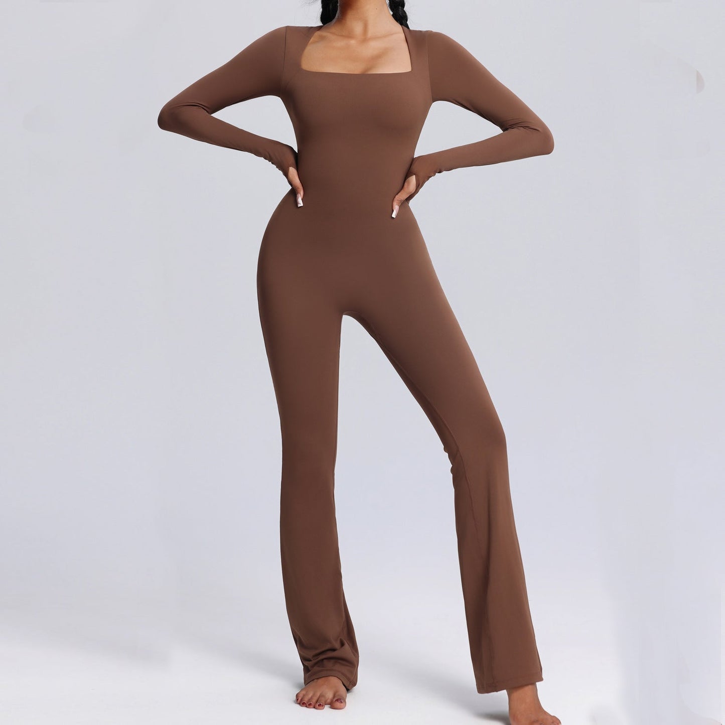 Women's Long-Sleeve Wide-Leg Jumpsuit - Breathable Yoga & Fitness Bodysuit
