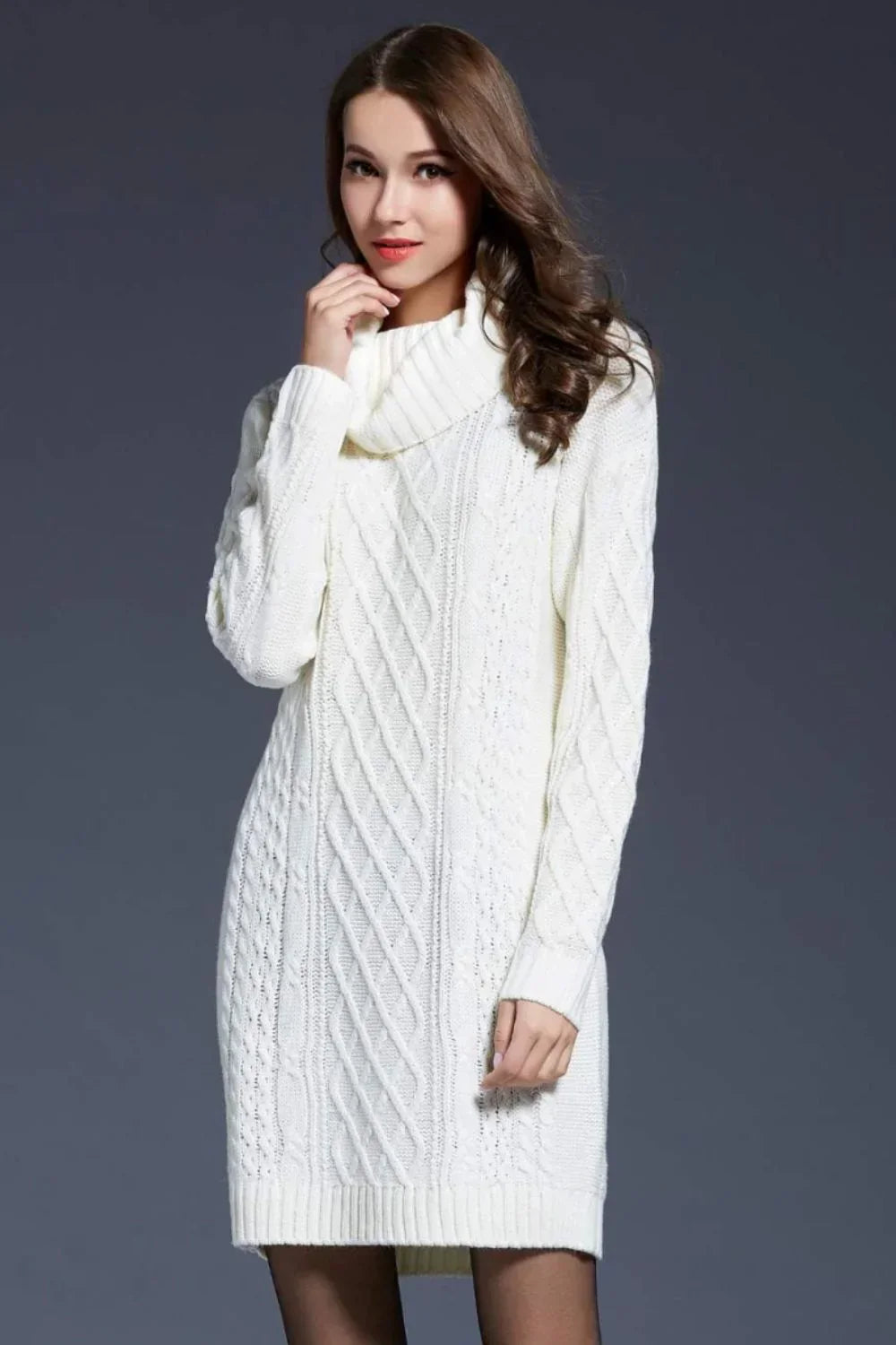 Women's Cable Knit Sweater Dress - Turtleneck - Long Sleeve - Soft Knit