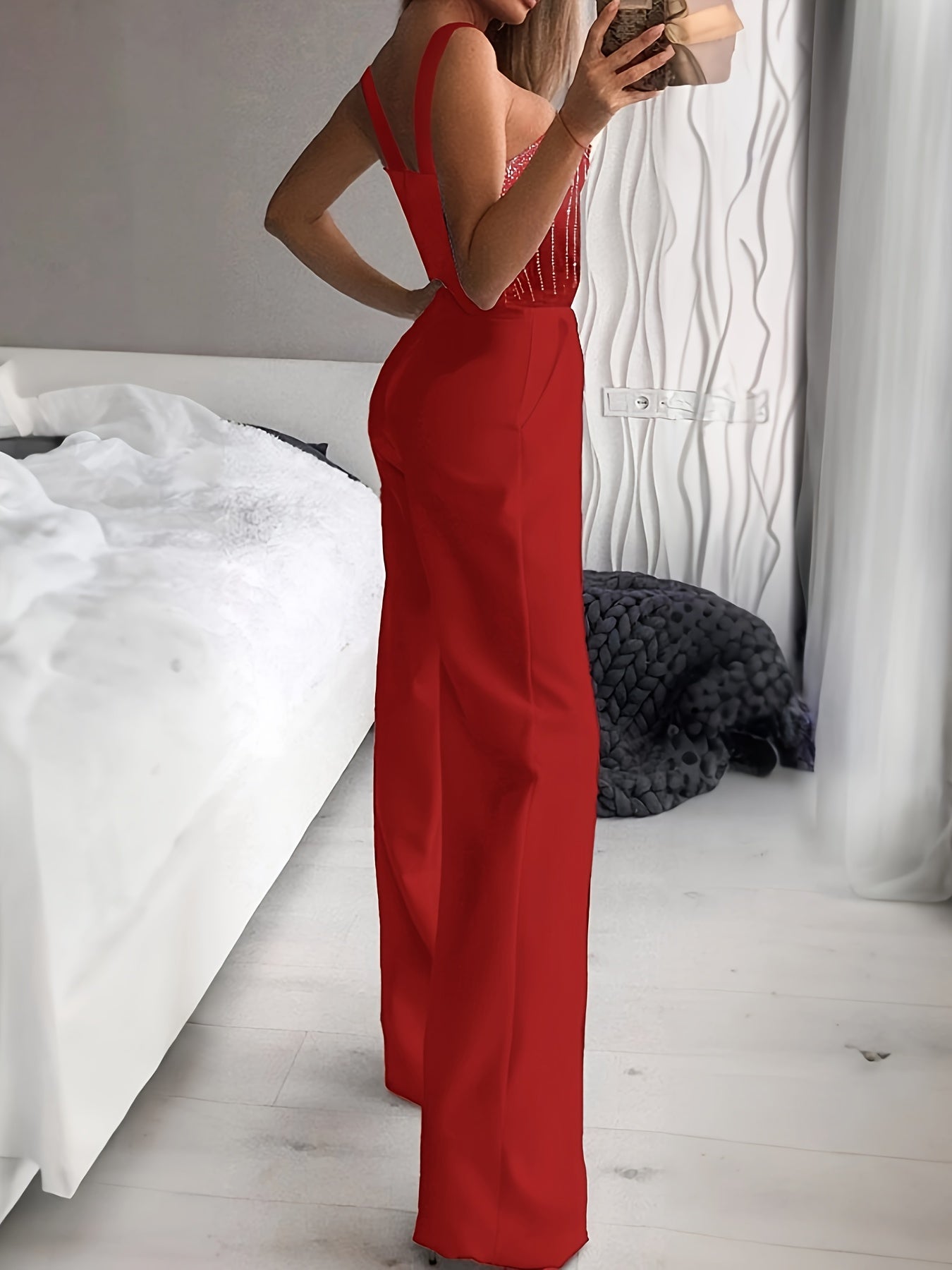 Women's Jumpsuit - Strappy Shoulder Design - Embellished Fitted Bodice - Wide-Leg Belted Waist