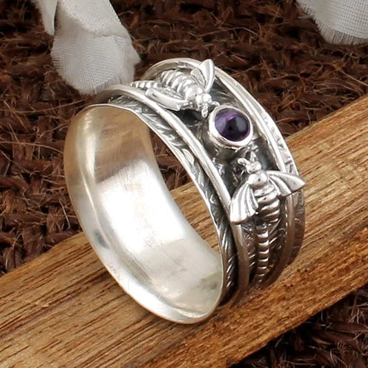 Engraved Nature-Inspired Gemstone Accent Ring